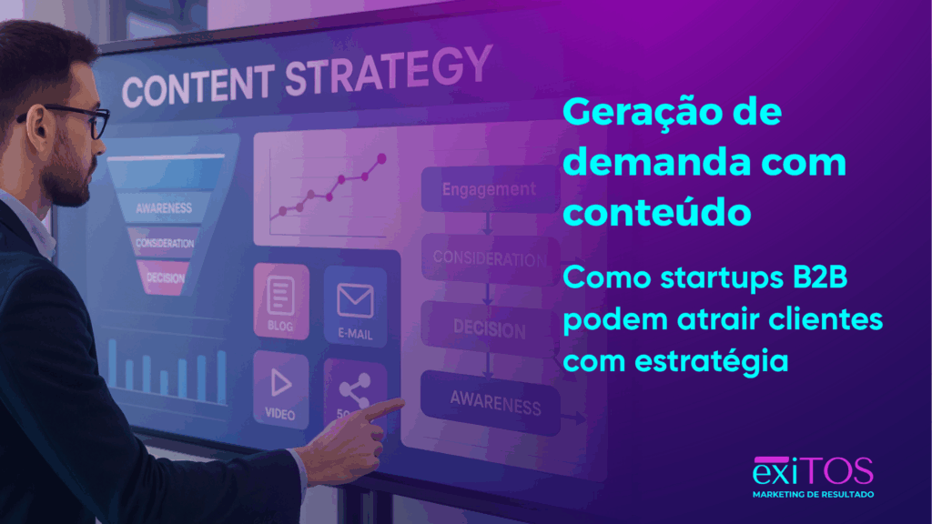 Profissional de marketing analisando funil digital com conteúdo estratégico para startups B2B