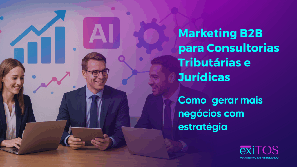 Executivos em ambiente corporativo discutindo estratégias de marketing para Consultorias Tributárias e Jurídicas, com tablet e notebook; ao fundo, gráficos e elementos digitais integrando marketing, conteúdo e IA