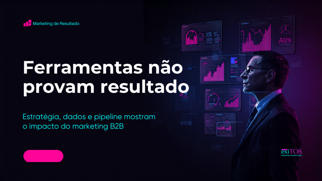 Profissional analisando dashboards de marketing B2B, CRM, pipeline e indicadores de resultado.