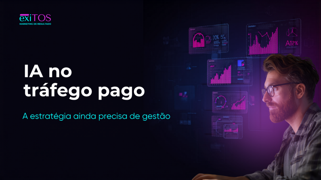 Profissional analisando dashboards de tráfego pago com inteligência artificial, dados de campanha e estratégia de marketing digital.