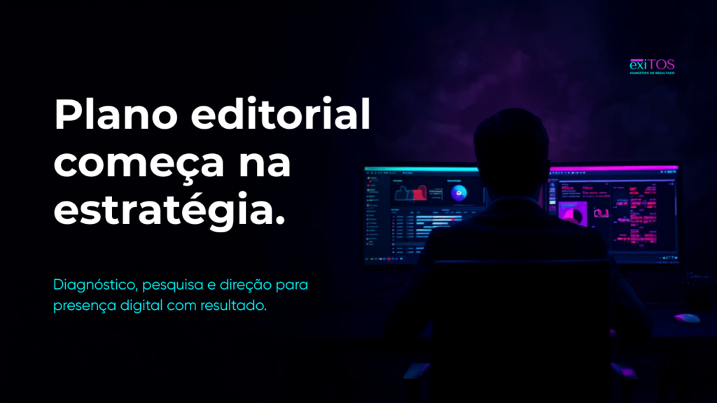 Arte institucional da exiTOS sobre plano editorial estratégico, destacando a importância do planejamento, da pesquisa e do posicionamento para construir presença digital com autoridade e intenção comercial.