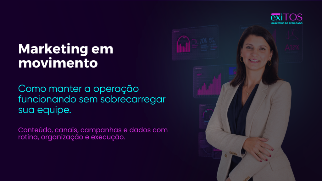 Profissional analisando calendário editorial, campanhas, canais digitais e dashboards de marketing em uma operação organizada.