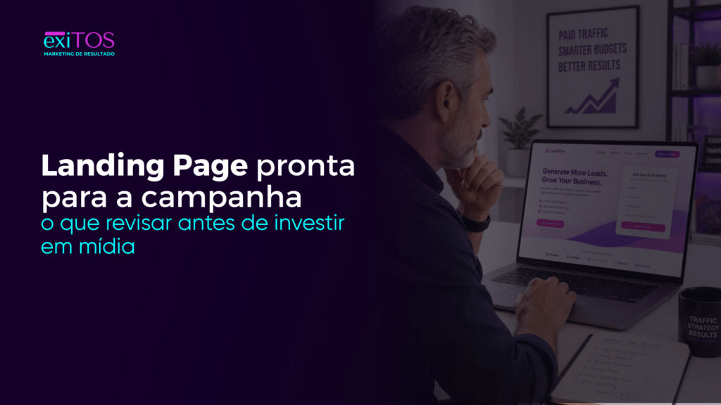 Landing page sendo analisada para uma campanha de mídia paga, com elementos de conteúdo, formulário, conversão e performance.